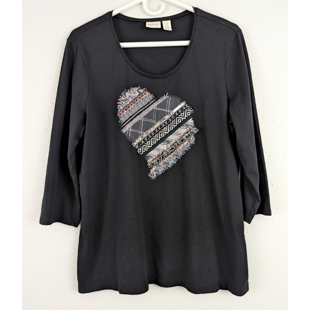 Zenergy by Chico's sz 2 Heart deign on front T-shirt black 3/4 sleeves 1968
